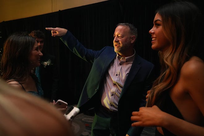 Principal Matt Groff talks to students at the Round Rock High School Prom at the Sheraton Austin and Georgetown hotel on Saturday, April 27, 2024 in Georgetown, Texas.